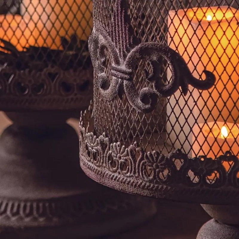 Vintage Iron Art Candle Holder with a Removable Lid and Intricate Cut-Out Design, 4, 18.11" H x 9.06" W x 9.06" D