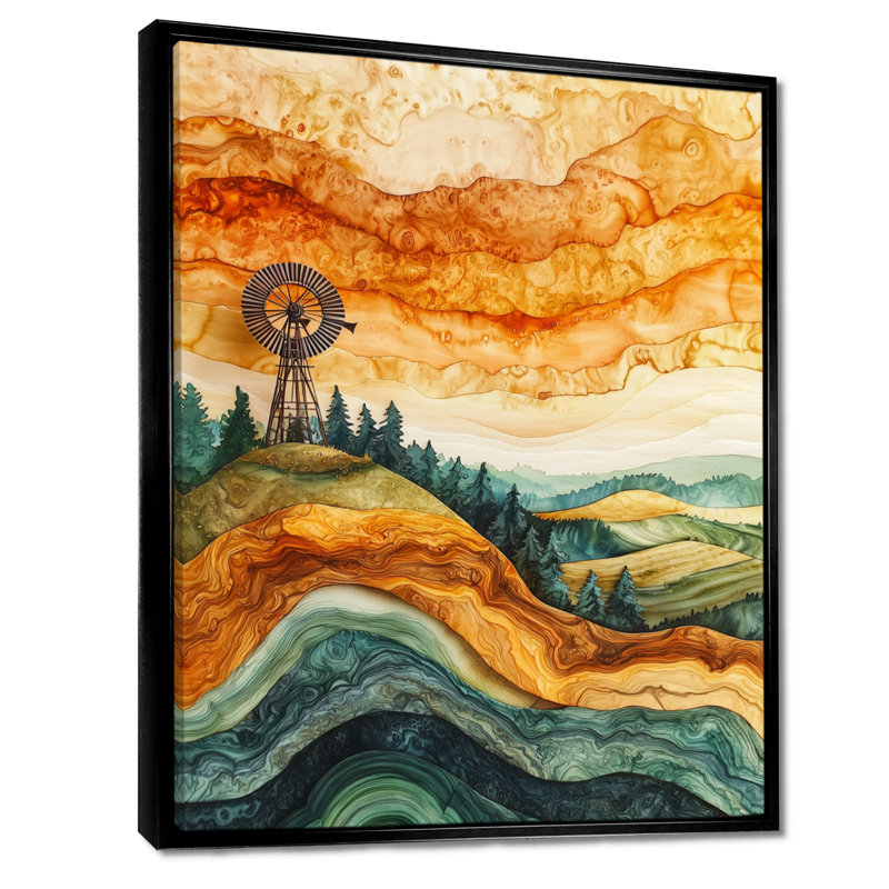 Windmills Into A Summer Field Landscape I - Windmills, art mural, Noir, Impression encadrée sans passe-partout