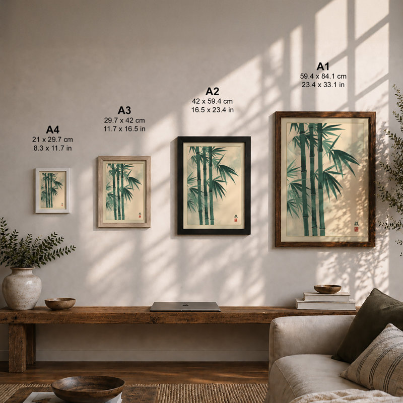 Three Bamboo Stems Japandi - Framed Print, A2 - 59.4 x 42.0 cm, Black