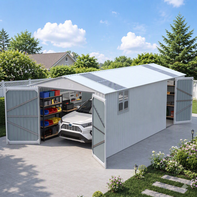 Remise de rangement extérieure en métal 20 x 13 pi avec grandes portes, lanterneau et évents pour une utilisation polyvalente