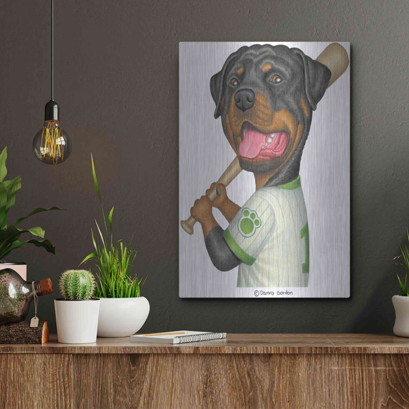 «Rottweiler tenant une chauve-souris» par Danny Gordon, H 16 po x l 12 po