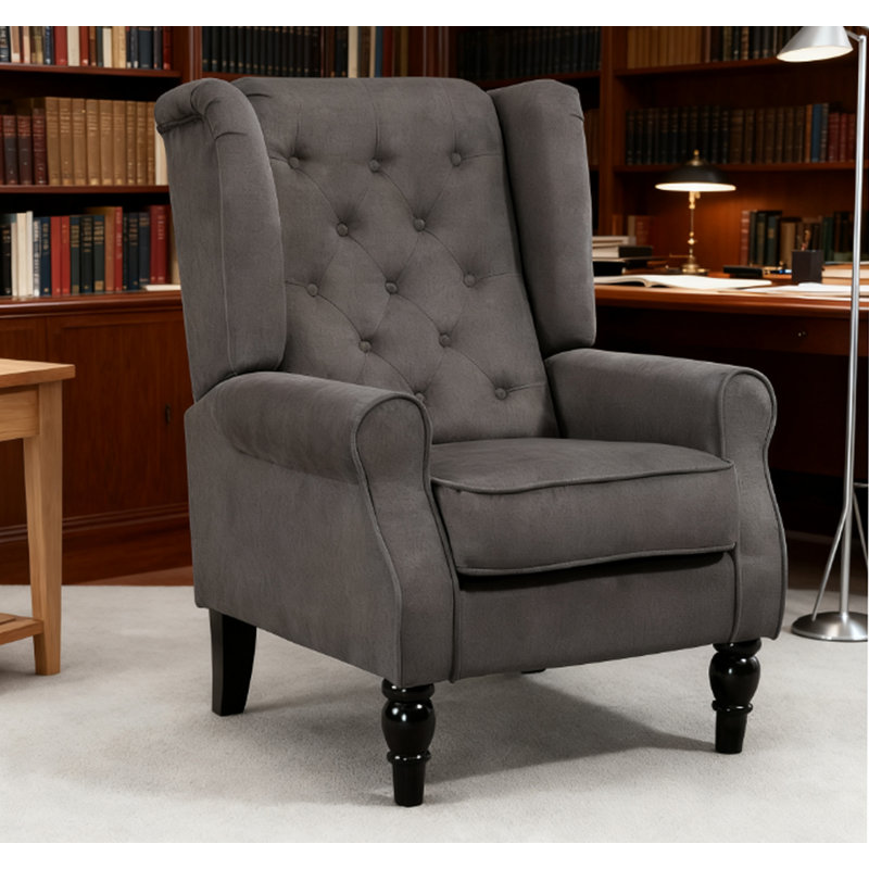 Chaise d'appoint moderne, capitonnée avec accoudoirs ronds et pieds en bois, gris foncé