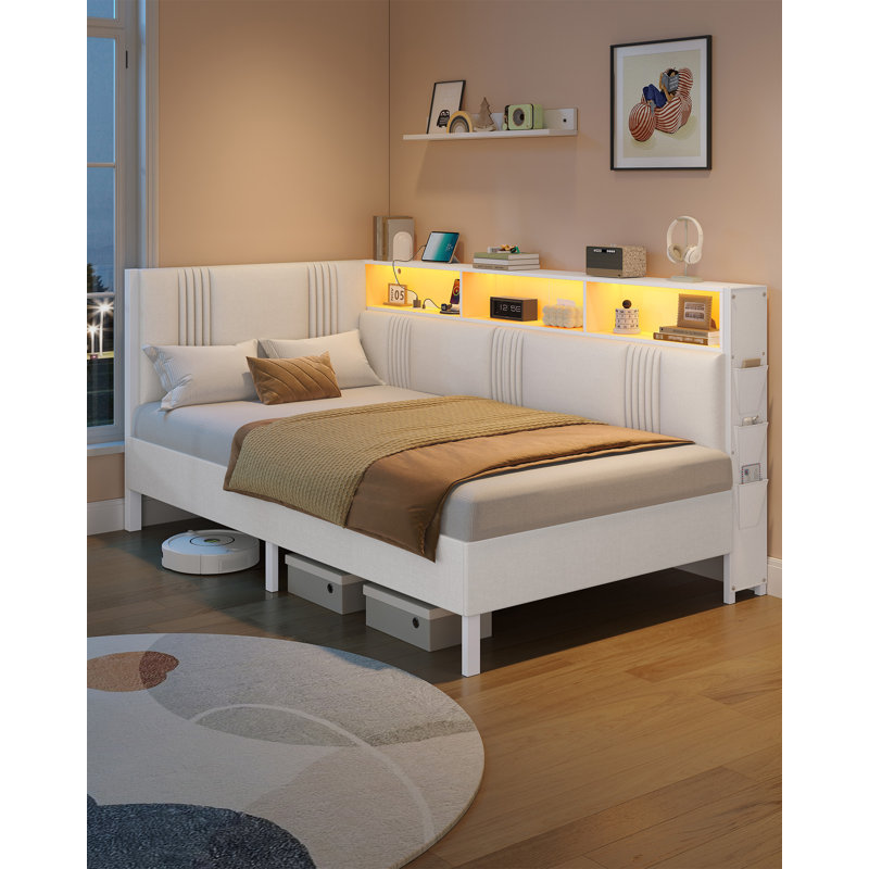 Single Bed Frame with Storage, LED and Charging Station | 190 x 90 cm Single Daybed Upholstered Sofa Bed, 3 Storage Compartments, Space-Saving Corner Design