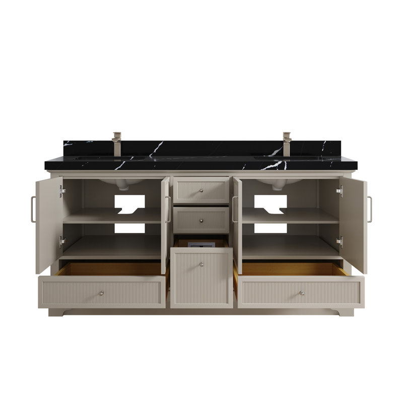72 In. W X 22 In. D Alys Double Sink Bathroom Vanity In Fine Grain With 2 In. Calacatta Black Quartz
