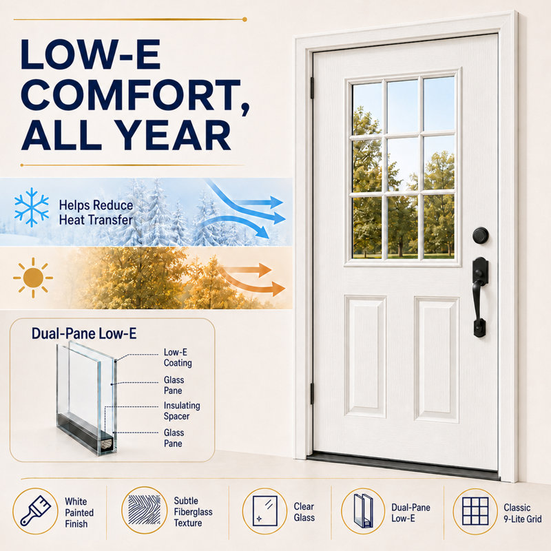 36" x 80" Fibreglass Front Entry Door, White Primed Woodgrain, 9-Lite Clear Low-E Glass, Left-Hand Inswing,only Slab