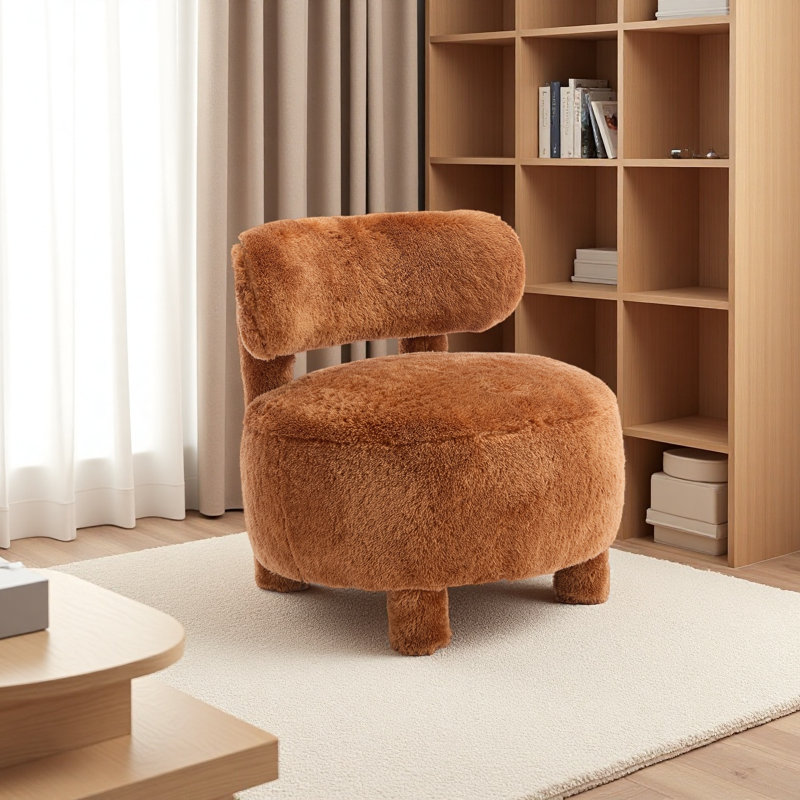 Armless Accent Chair With Curved Backrest And Solid Wood Legs Upholstered Chair Slipper Side Chair, Khaki Faux Fur