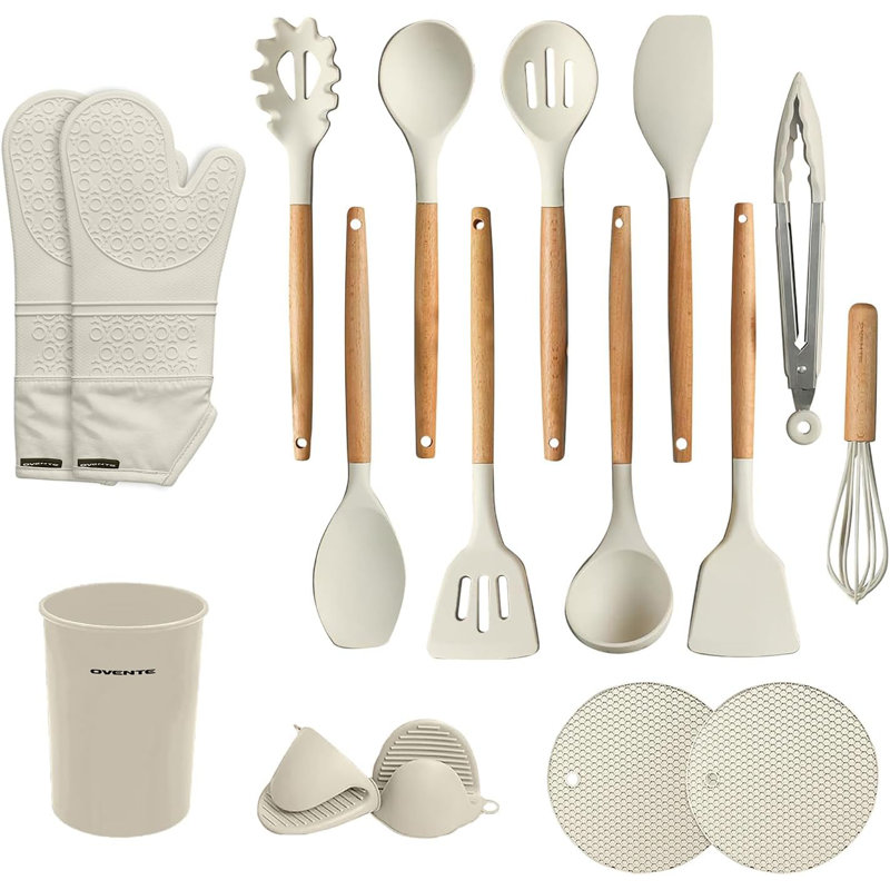 OVENTE Silicone Kitchen Cooking Utensils Set, 17pcs Heat Resistant Cooking Tools for Nonstick Cookware with Wooden Handle, BPA Free, Includes Cup Holder, Mini Oven Gloves and Hot Pads, Cream SPS17CR