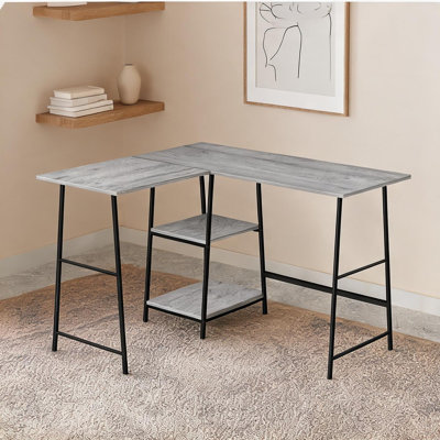 Bureau d'ordinateur en L en métal avec tablettes, stratifié gris neutre, poste de travail d'angle peu encombrant, 48 pouces, pour le bureau à domicile
