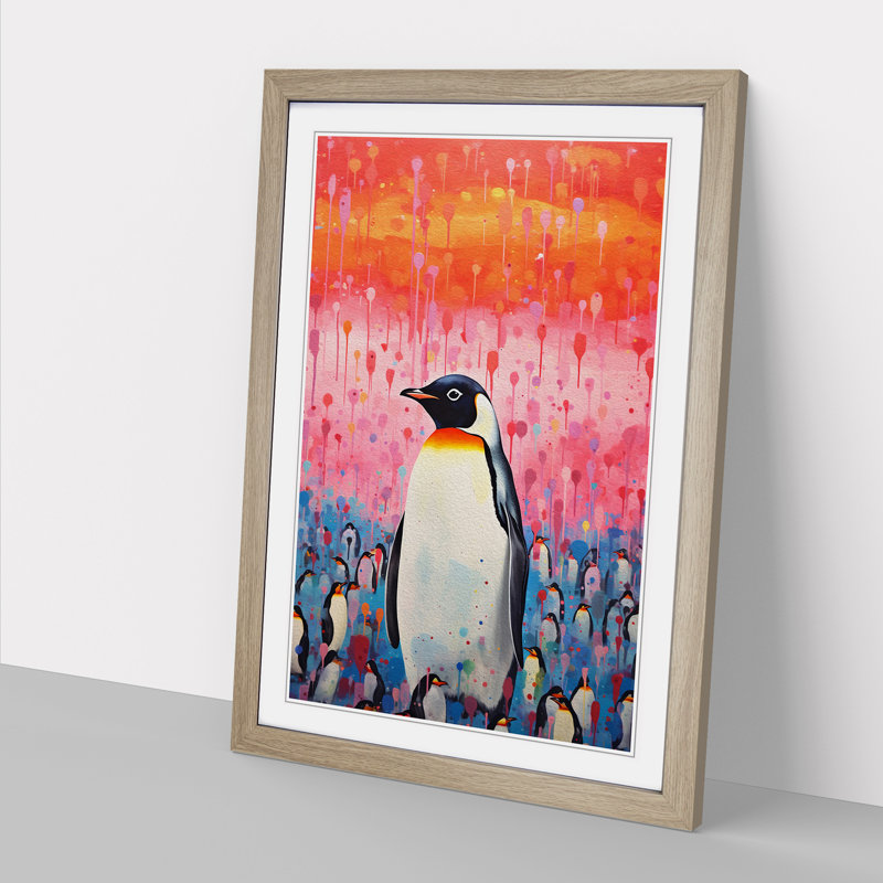 Penguin Colour Field - Single Picture Frame Print on Wood, Oak Framed, 64cm H x 46cm W x 2cm D