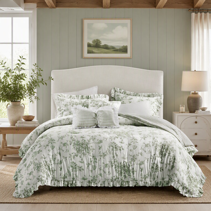 5 Pieces King Comforter Set with Decorative Pillows Floral Ruffle Reversible Microfiber 104x90