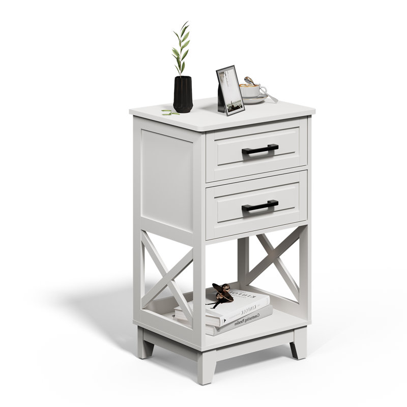 30" Tall Nightstand Modern Painted Wood Bedside Table With 2 Drawers And Open Shelf, White