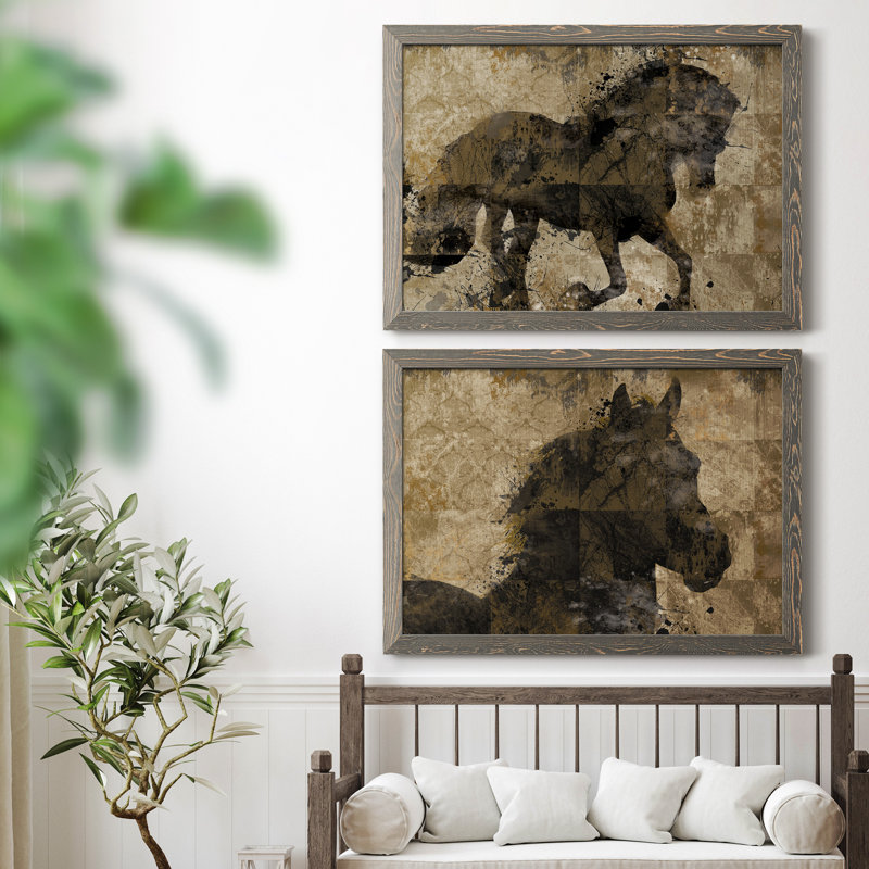 Midnight Stallion - ensemble de 2 peintures sur toile encadrées, H 31 po x l 44 po x P 1 po, Encadré gris
