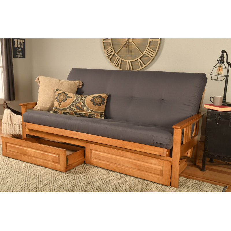 La structure de futon double Stratford comprend des tiroirs de rangement avec matelas, Noyer cendré, Polyester gris