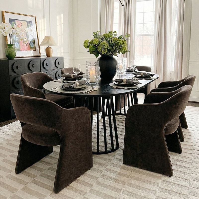 6 - Person Dining Table Sets With Extendable Table & 6 Upholstered Chenille Chairs, Brown