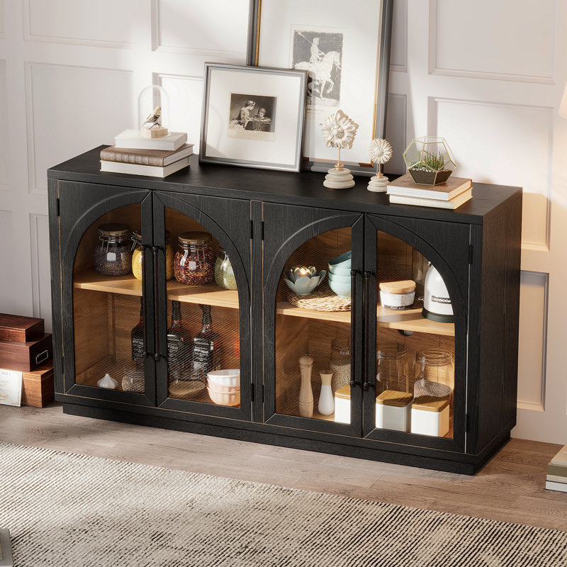 Buffet, table de buffet, armoire de salle à manger, crédence de bureau avec portes arquées, Noir, noir, noir, noir