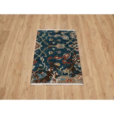 2'1"x3' Yale Blue Broken Pattern Oushak Design Wool Hand Knotted Mat Rug 2232D71807A14D4CA583653B59A413B5