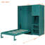 Lit simple bleu sarcelle rotatif avec bibliothèque intégrée, rangement pour armoire supérieure, bureau escamotable et unités de rangement latérales intégrées au mur, espace peu encombrant, table de travail pliable et tablette supplémentaire