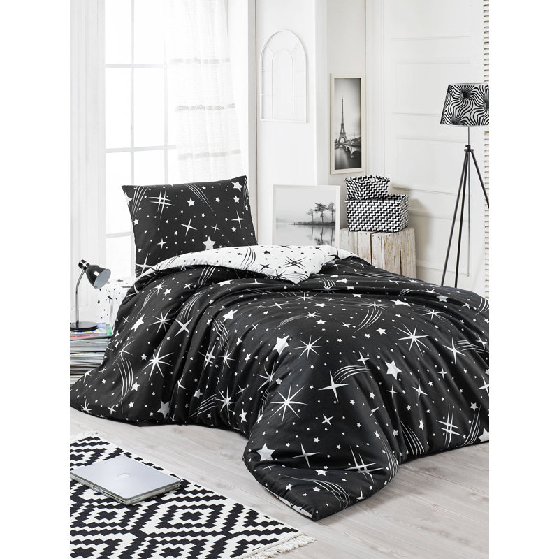 Brayden Studio Bosley Duvet Cover Set with Pillowcases, Single Duvet Cover + 1 Pillowcase (80 x 80), Black