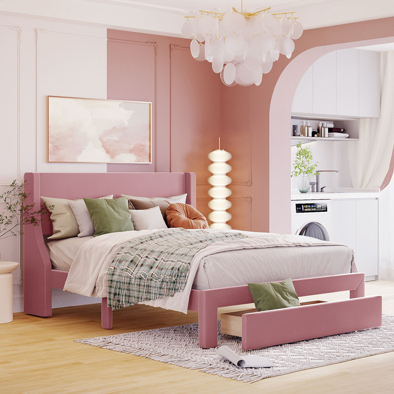 Lit plateforme avec rangement et velours, Rose