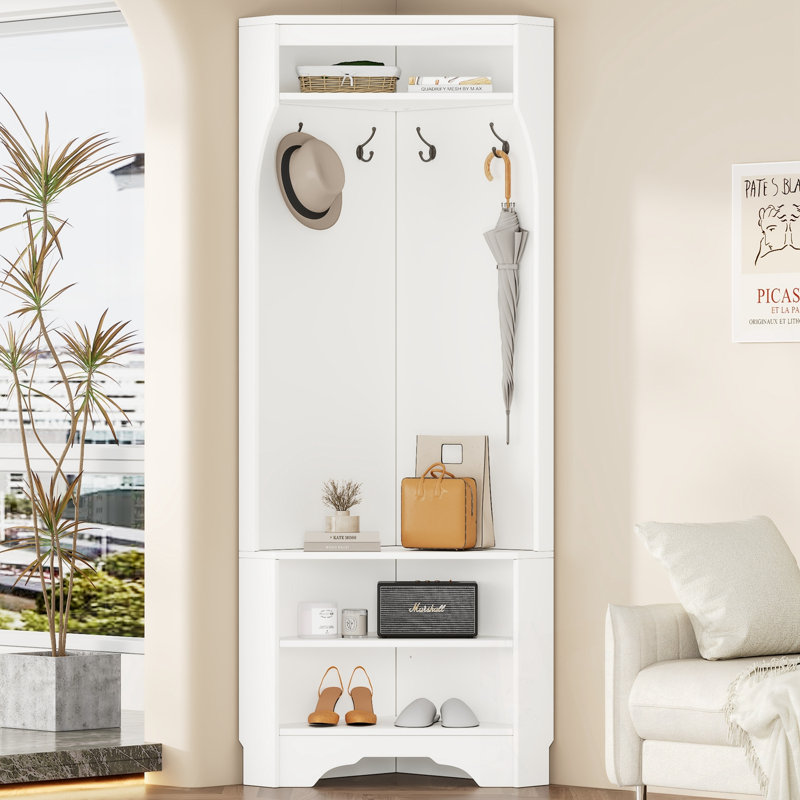 Corner Hall Tree with Shoe Bench, 4 Hooks and Adjustable Shelf, White