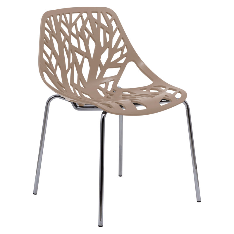 Chaise de salle à manger empilable Asbury avec dossier à découpes florales et pieds en acier inoxydable, Taupe, 1