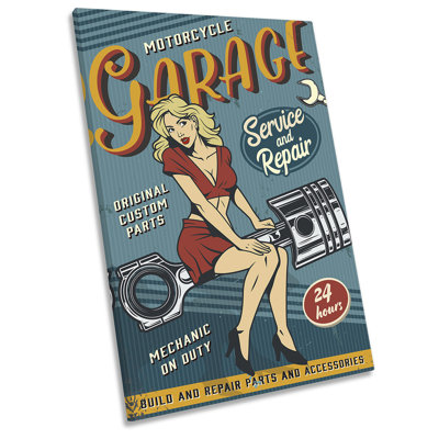 Motorcycle Garage Pinup Retro - Wrapped Canvas Art Prints