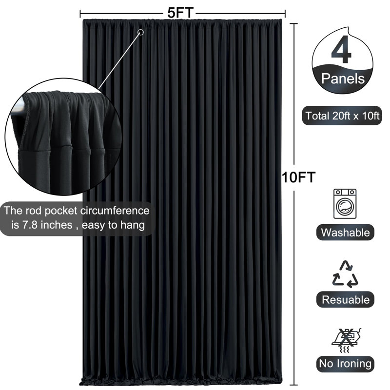 Wrinkle Free Wedding Backdrop Curtains 4 Panels, Black
