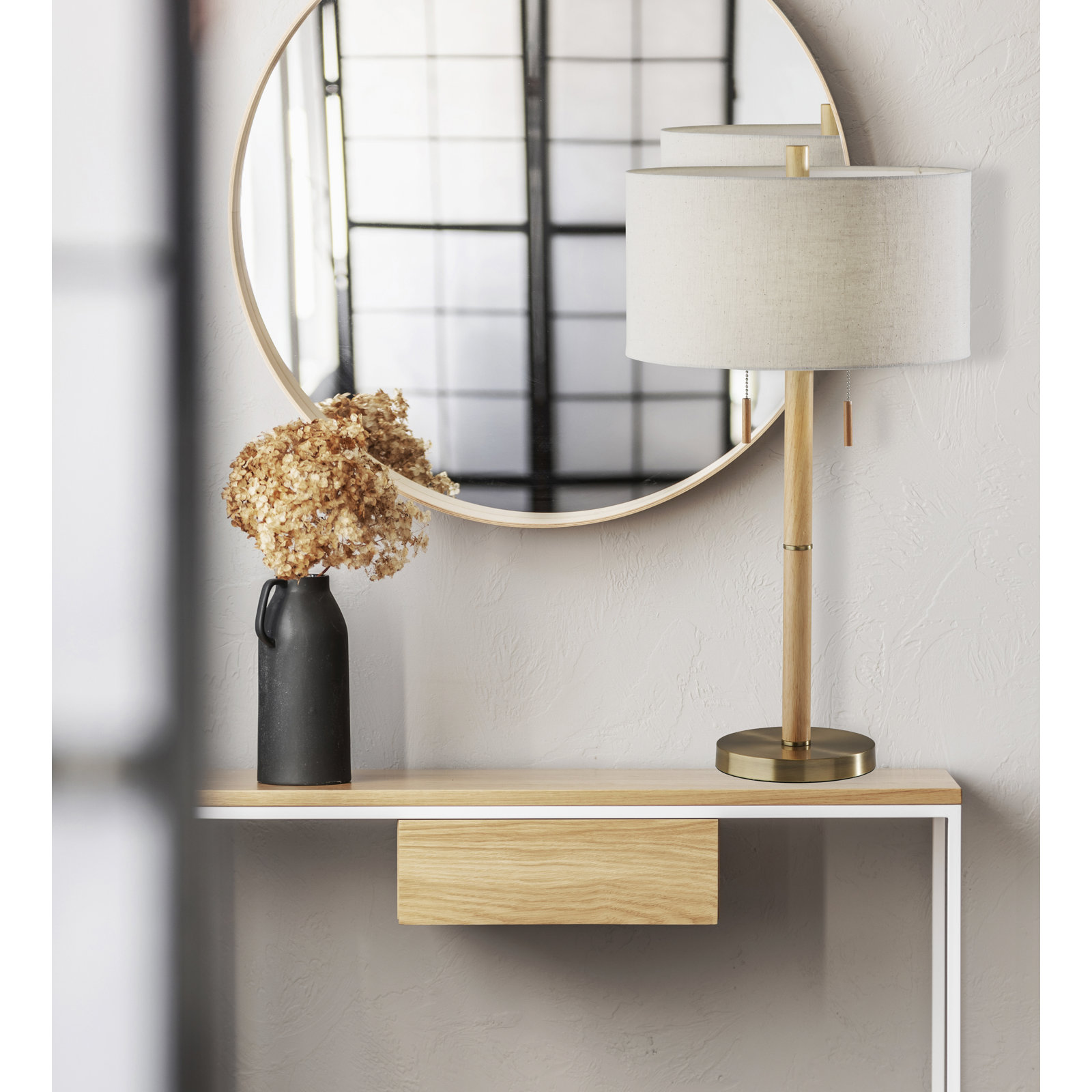 Geno Bedside Lamp, Ivory Linen Blend, Antique Brass