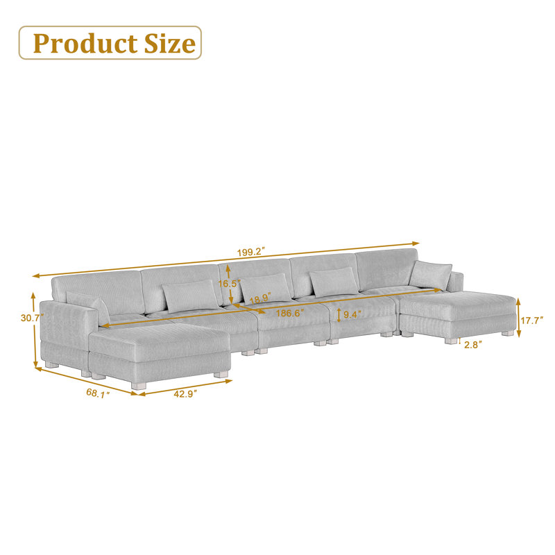 Maelina 7 - Piece Upholstered Light Gray Corduroy Modular Sofa Sectional with Pillow Back and Removable Ottoman