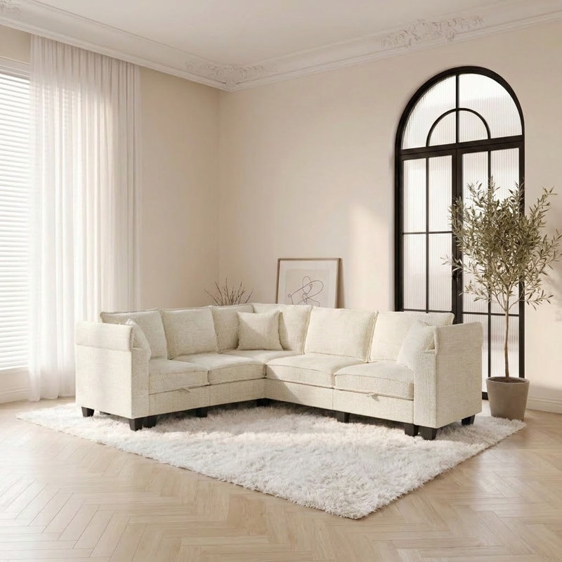 Canapé d'angle en L de 226 cm, canapé 5 places avec accoudoirs et rangement dissimulés, canapé d'angle confortable en chenille effet nuage avec 3 coussins, canapé moderne à assise profonde pour salon, beige