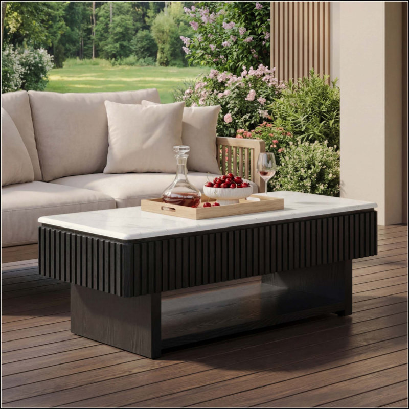 Table basse rectangulaire à plateau relevable avec tiroir et rangement caché, table cannelée moderne avec plateau en marbre blanc et bandes en bois massif, table centrale multifonctionnelle pour les petits espaces, salon