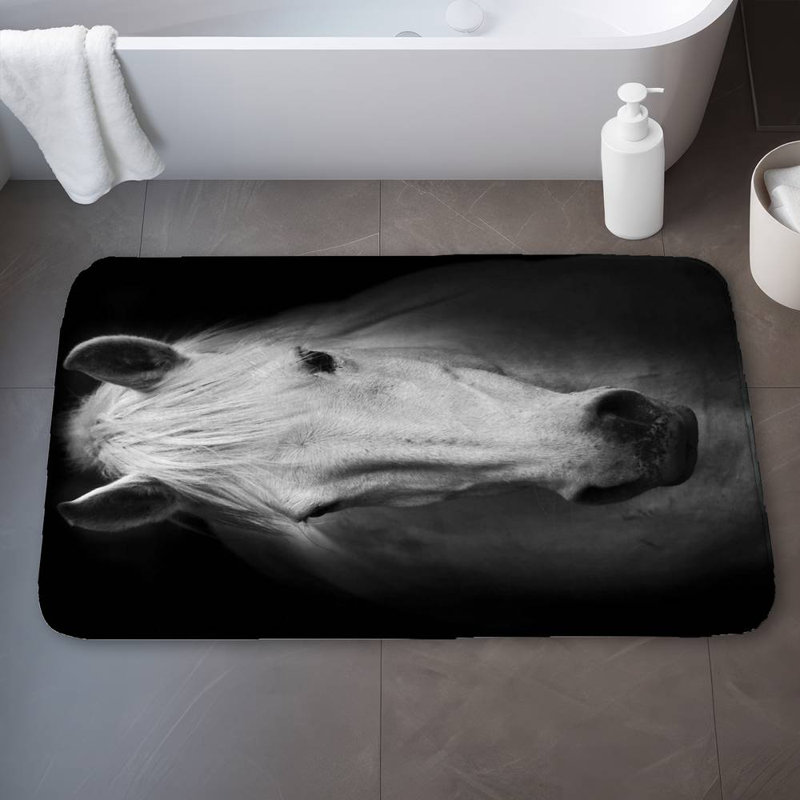 Monochrome horse Bath Mat with Non-Slip Backing - Quick Dry Memory Foam Bathroom Rug - Absorbent - Modern Plush Spa-Style - Machine Washable