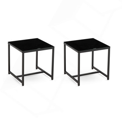2 Pieces Black Glass Night Stand,MDF Sidetable, Small Tea Table, Sofa Table With Metal Leg