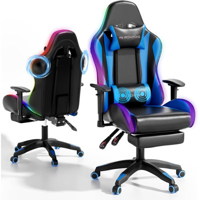 Fauteuil de jeu inclinable ergonomique à dossier haut avec support lombaire de massage, appui-tête réglable et chaise de bureau pivotante à 360 °