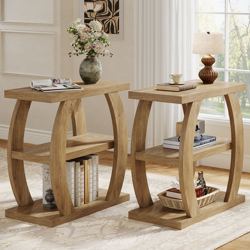 Ensemble de 2 tables de bout à 3 niveaux, table d'appoint étroite avec rangement et cadre géométrique, 2