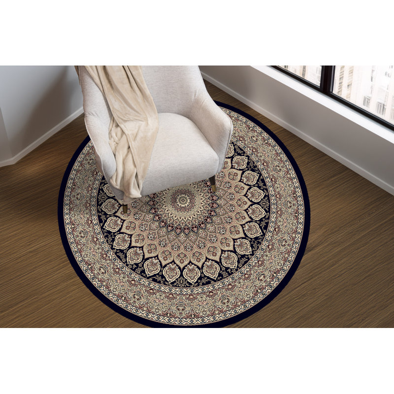 Tapis bleu marine oriental, Rond 5 pi 3 po