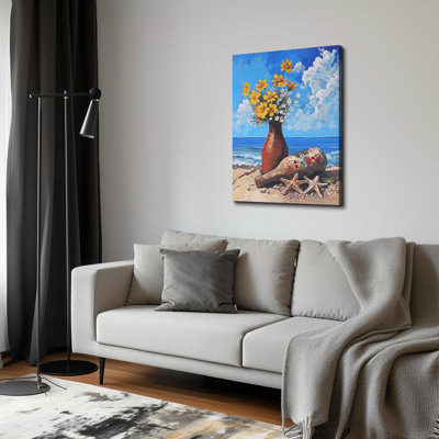 Vintage Coastal Beach with Glass Bottles, Starfish and Flowers - Wrapped Canvas Wall Decor