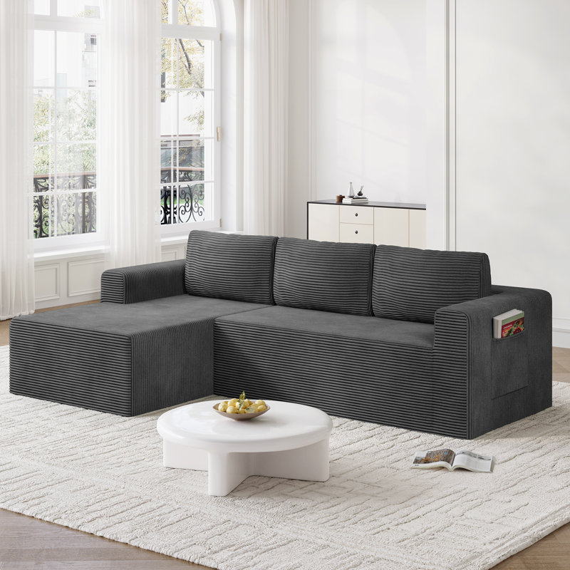Modern 94.5inch Sectional L-Shaped Corduroy Sofa With Storage Pockets, Left Hand Facing, Corduroy - Gray