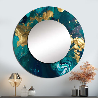 Savannahrose bleu sarcelle et or liquide Magic II - miroir décoratif abstrait, miroir mural bleu sarcelle, art imprimé en métal