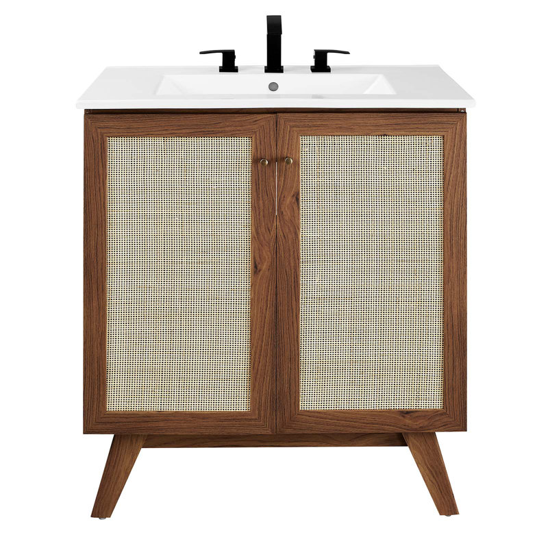 Modway Soma 30'' Free Standing Single Bathroom Vanity with Manufactured Wood Top, Walnut, White