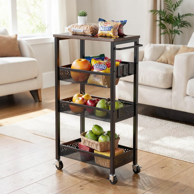 Chariot de rangement mince à 4 niveaux avec plateau en bois, organisateur de cuisine étroit sur roulettes, support à panier pour petits espaces