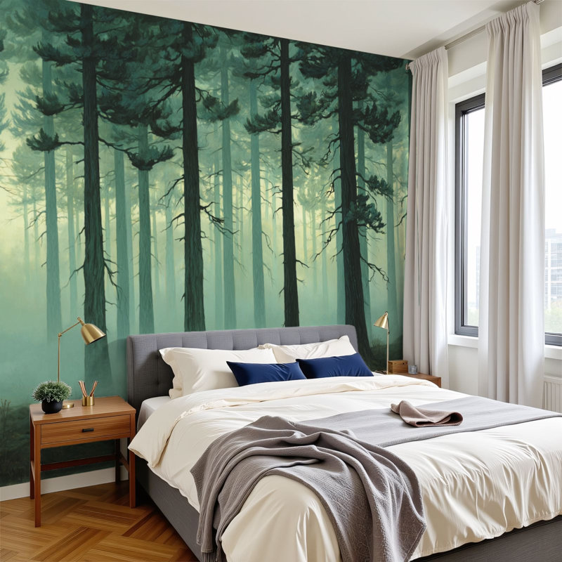 Papier peint auto-adhésif Foggy Pine Woods Landscape, L 144 po x l 100 po