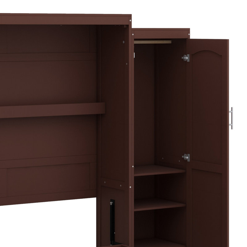 Lit escamotable en bois avec 2 garde-robe et tablette de rangement, Noyer