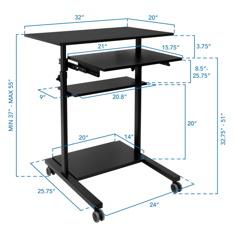 Adjustable 32" Black Wood Mobile Sit/Stand Desk with Keyboard Tray
