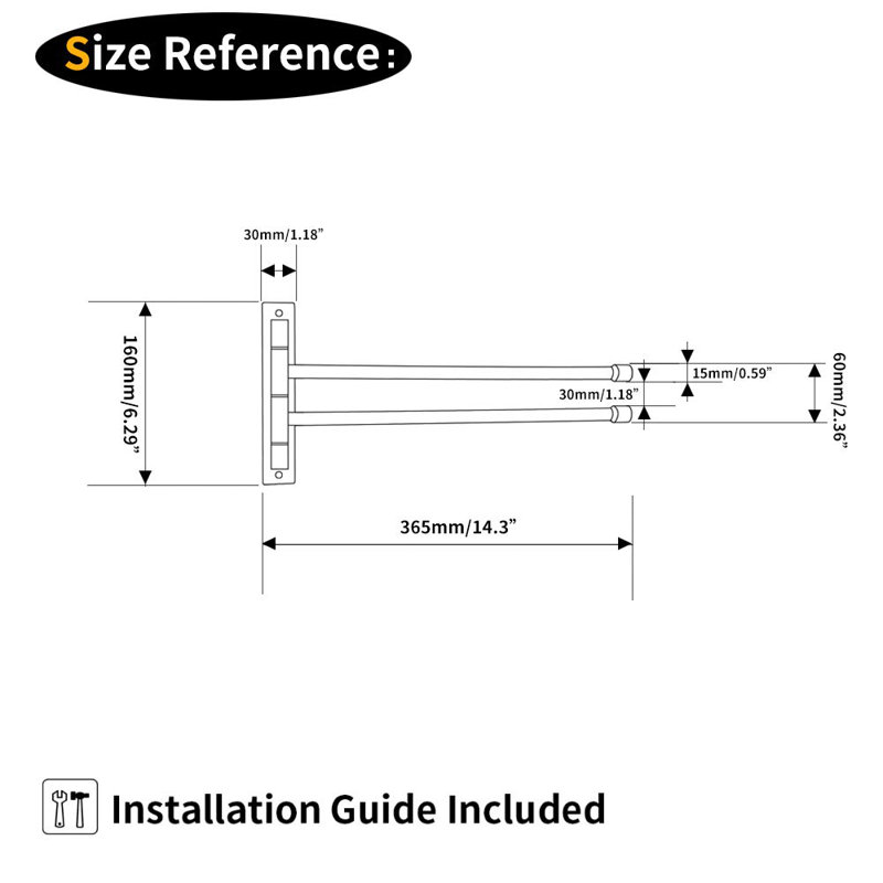 Porte-serviettes à bras pivotant en acier inoxydable avec 2 bras rotatifs pour le bain, H 2,01 po x l 2,52 po x P 12,99 po