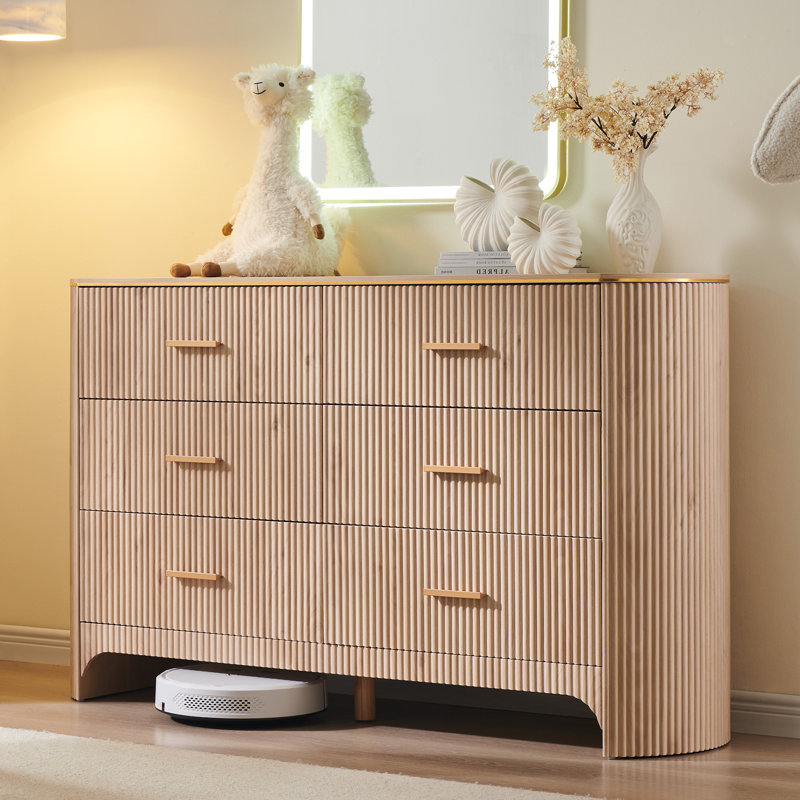 Commode moderne à 6 tiroirs pour la chambre à coucher, commodes de 54 po de largeur et commode à profil courbé, chêne clair