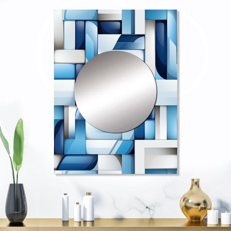 Blocs géométriques blancs et bleus Wasco Harmony - grand miroir mural géométrique, 32 po x 24 po