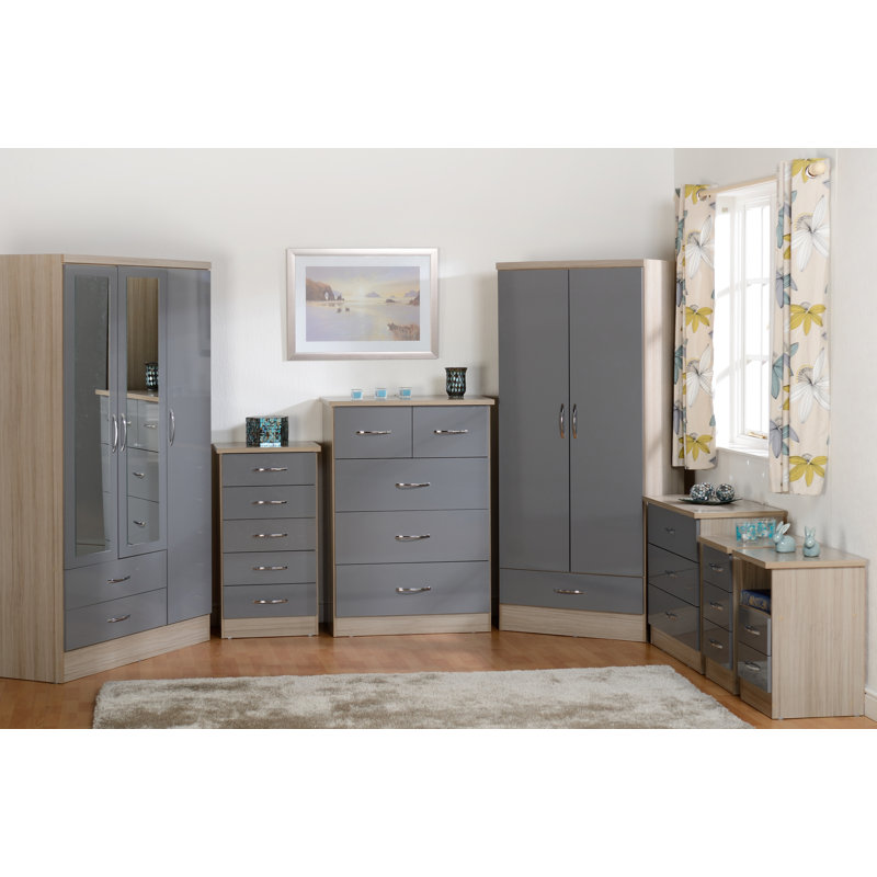 Cascio 3 Door Wardrobe, Grey Gloss/Light Oak Effect Veneer