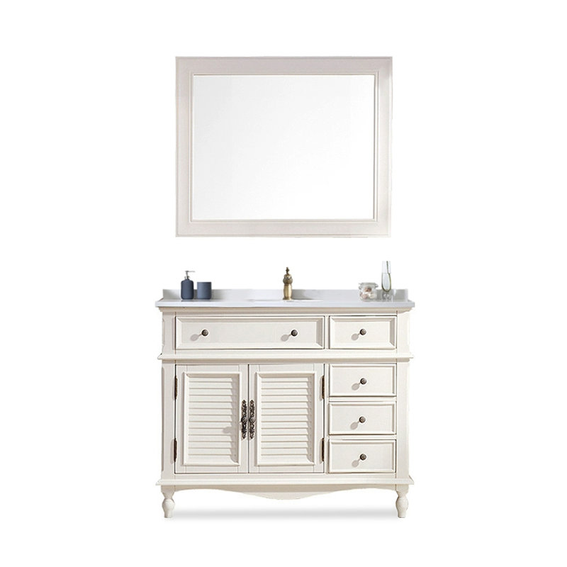 Meuble-lavabo en bois d'hévéa de style américain avec comptoir en marbre, convenant à une utilisation dans la salle de bain