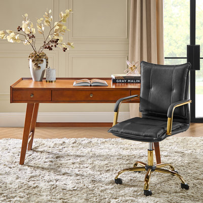 Lundgren Mid Century Modern 2-Piece Faux Leather Office Chair with Padded Arms and Solid Wood Built-in Outlets Desk Set